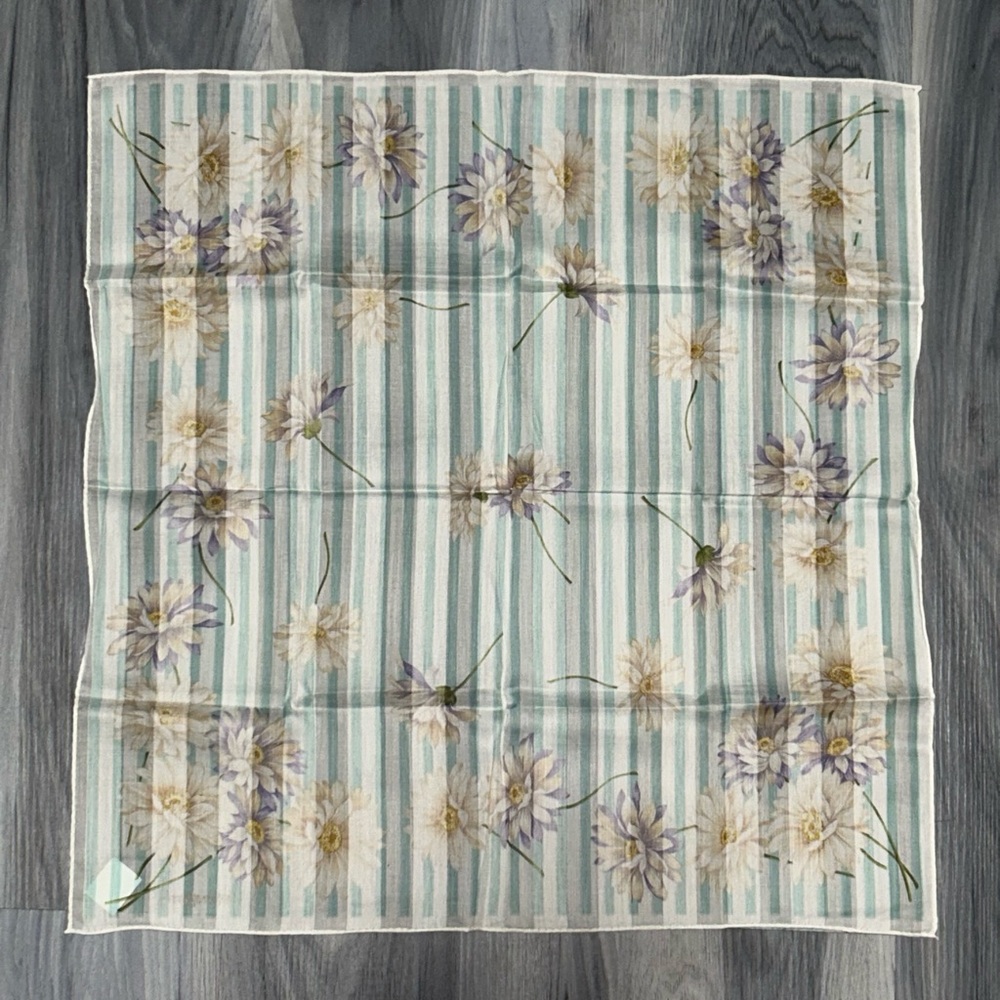 Yves Saint Laurent Vintage Mint & White Striped Floral Cotton Handkerchief Scarf - Picture 8 of 12